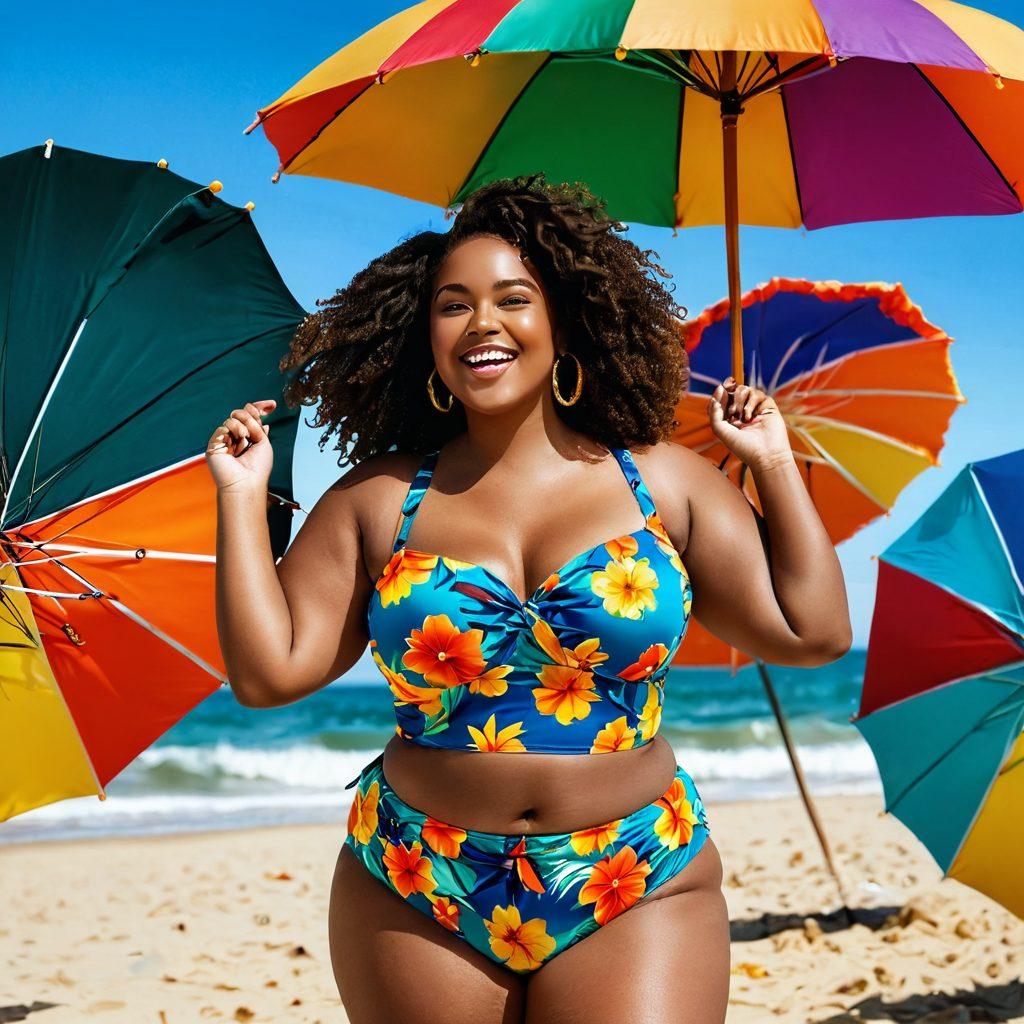 A confident plus-size model joyfully showcasing colorful swimwear on a sunny beach, surrounded by vibrant beach umbrellas and playful ocean waves. She radiates positivity while striking a dynamic pose, with a backdrop of diverse people enjoying the beach, celebrating body diversity. Include elements like tropical plants and bright sun to enhance the joyful atmosphere. super-realistic. vibrant colors. dynamic composition.