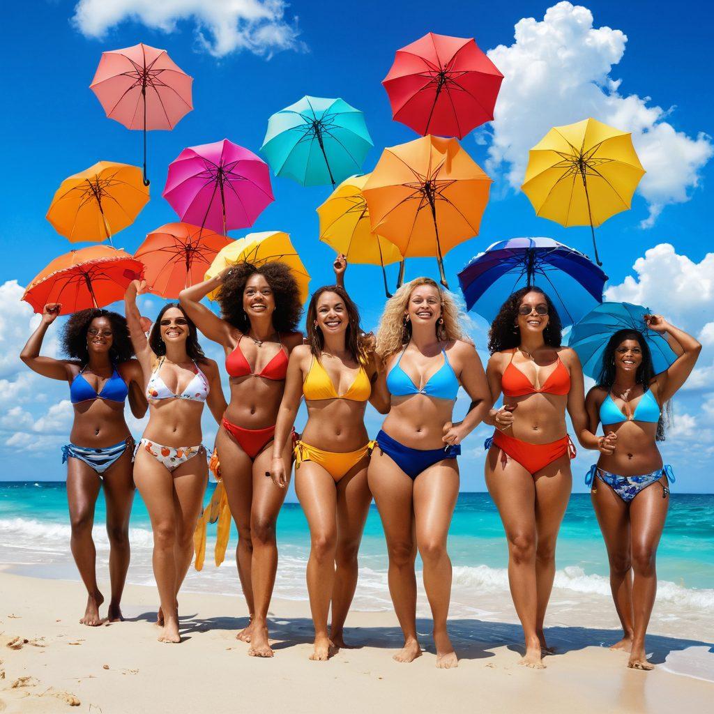 A diverse group of confident women of different body types joyfully flaunting their colorful bikinis on a sun-kissed beach. They are surrounded by vibrant beach umbrellas, fluffy white clouds in a bright blue sky, and crystal-clear waves lapping at the shore. Each woman radiates positivity and empowerment, with playful poses and genuine smiles, celebrating body positivity in summer. The scene captures the essence of fun, freedom, and self-acceptance in summer fashion. super-realistic. vibrant colors. 3D.